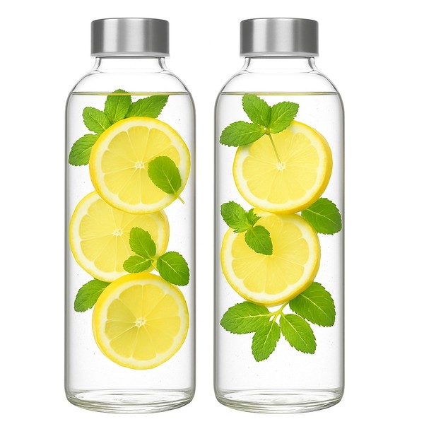 2X Trinkflasche Glas 1 Liter 1000Ml Edelstahl Auslaufsicher Glasflasche Flasche-image