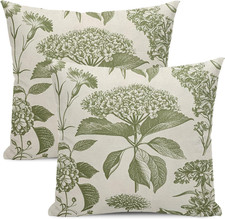 Floral Pillow Covers 18x18 Set of 2 Vintage Sage Green Hydrangea Herbs Botanical