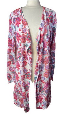 Soft Surroundings (S) Floral Cross Stitch Open Cardigan Duster Granny Midi