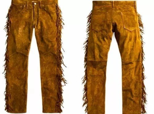 Men's Native American Buckskin Suede leather Western Hippy Fringed Cowboy Pants