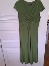 Jones Of New YORK olive green V-neck midi dress S 10 W/ short cap sleeves 