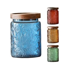 Set of 4 Vintage Glass Jars 23.7oz Sunflower Canisters with Wooden Lids