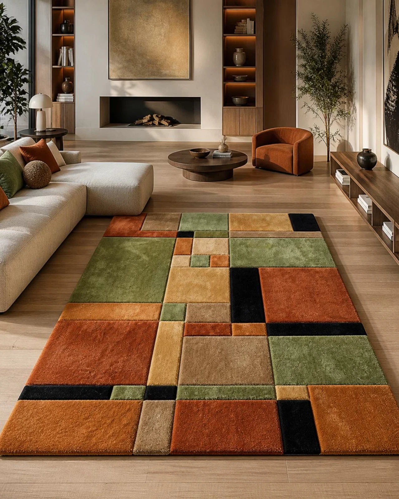 Modern Geometric Area Rug, Hand Tufted Wool Rug, Abstract Green, Block Carpet,