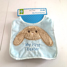 My First Easter Baby Bib Blue Plush Bunny Embroidered Infant Bib New With Tags