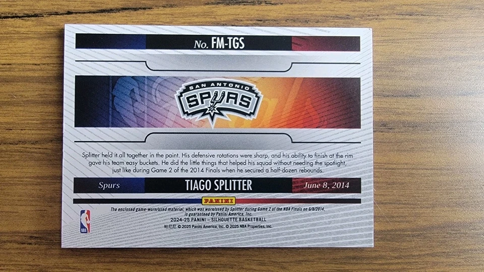 TIAGO SPLITTER 2024-25 PANINI SILHOUETTE JUEGO 2 USADO 2014 NBA FINALS SPURS /2 🔥 Foto 2 de 3