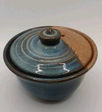 Adama Art Studio Pottery Covered Dish Earthtone Two-toned Glazed Signed