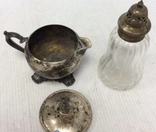 Antique Metal Cream Pitcher And Sugar Shaker 