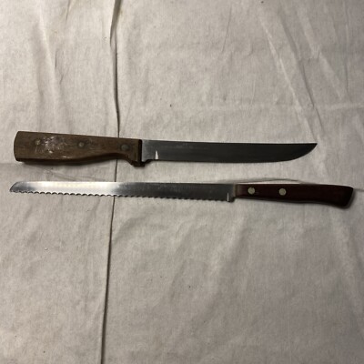 Flint Stainless Bread Knife Vintage Waverly Edge USA Serrated 8  Wood Handle