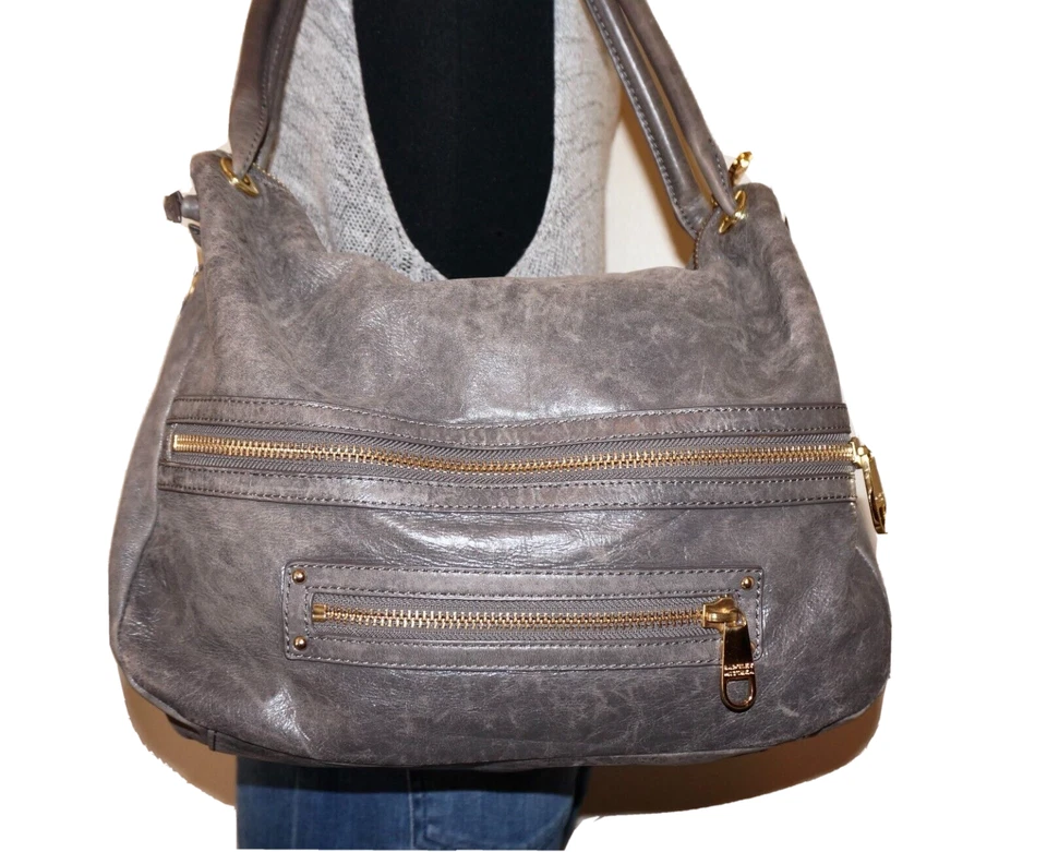 $680 BADGLEY MISCHKA Gray Leather 11 x 14 Slouchy Handbag *HEAVIER WEAR* - Image 3 of 4
