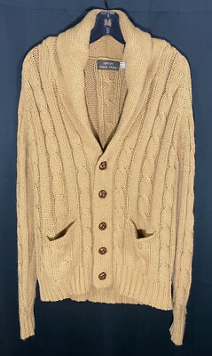 Vintage 70s Macys Mens Store Beige Brown Retro Crochet Knit Cardigan Sweater SzL