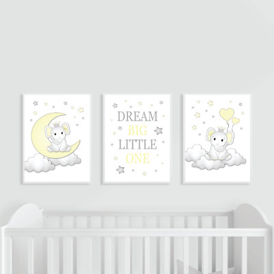 Elefant Kinderzimmer Drucke, 3er Set, gelb und grau, Dream Big, Baby Mädchen Mond