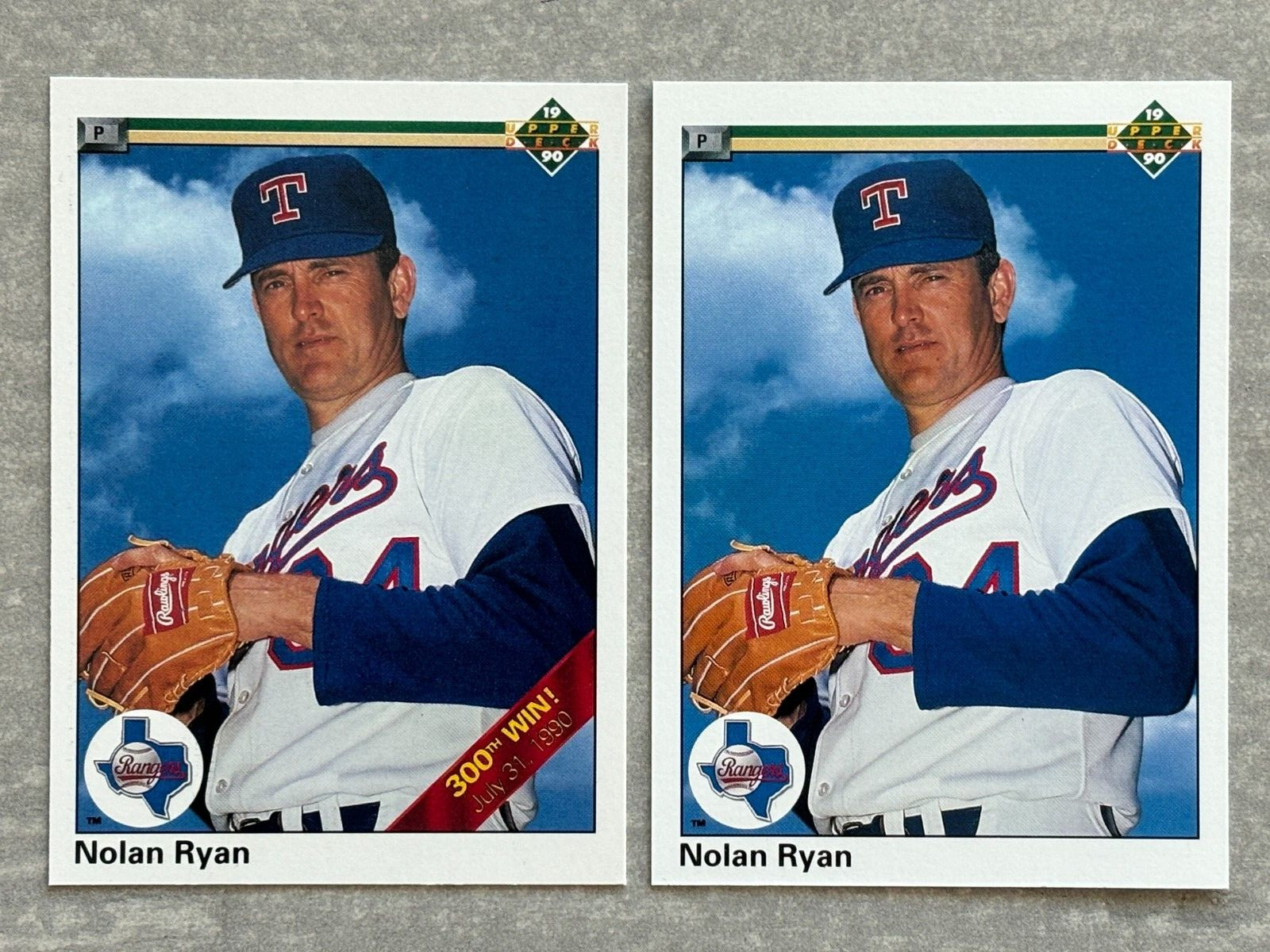 (2) 1990 Upper Deck NOLAN RYAN "300th Win" Error & Corrected Baseball Cards #734