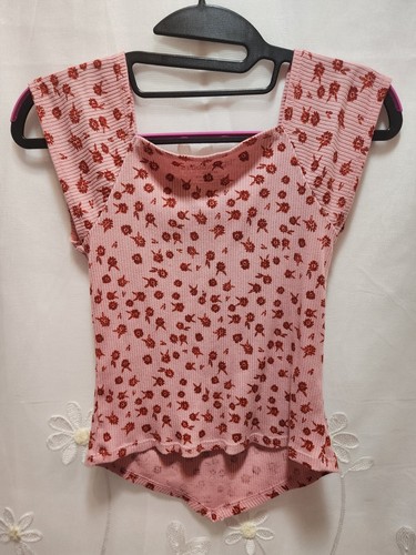 Thereabouts Girls Medium 10/12 Pink Red Shirt V-Neck Floral Ribbed Square Summer - Picture 7 of 9