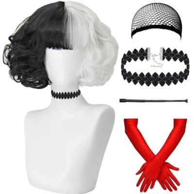 Cruella Deville Black and White Costume Wig w/Gloves, Choker Necklace and Cap