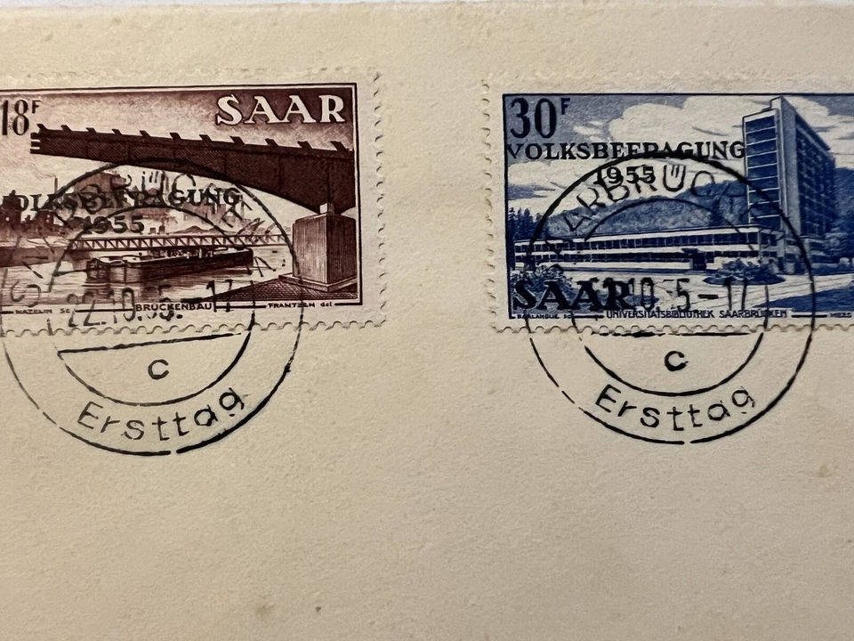 1955 VOLKSBEFRAGUNG SAAR FDC COVER OVERPRINT STAMPS SAARBRUCKEN GERMANY - Image 2 of 4