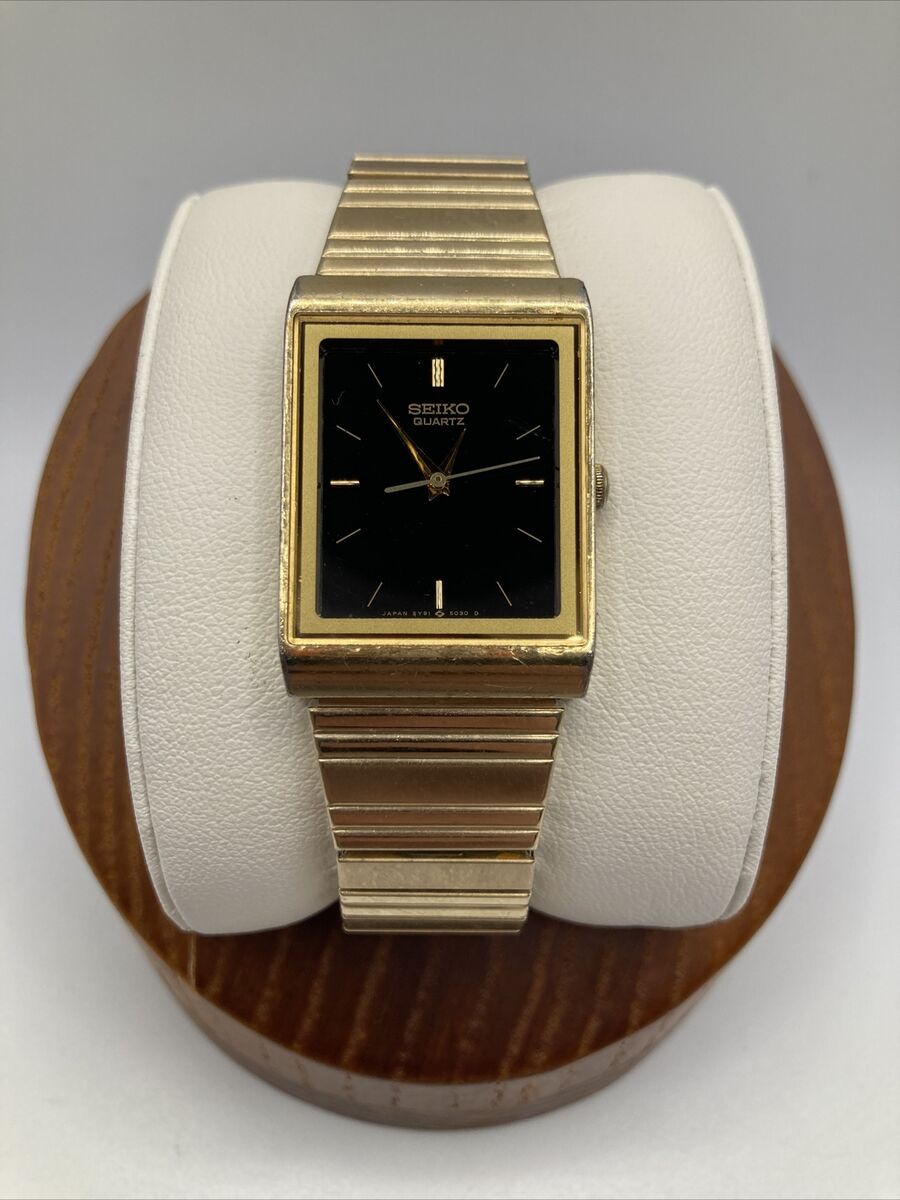 Vtg Seiko 23mm Watch Gold Tone Black Dial Stretch Band 5y91 Vtg Seiko 23mm Watch Gold Tone Black Dial Stretch Band 5y91