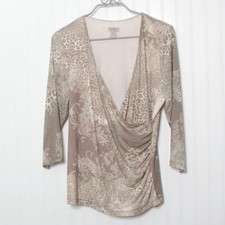 Chico's Easywear 2 Taupe Leopard 3/4 Sleeve Side Ruched VNeck Tunic Top Lge