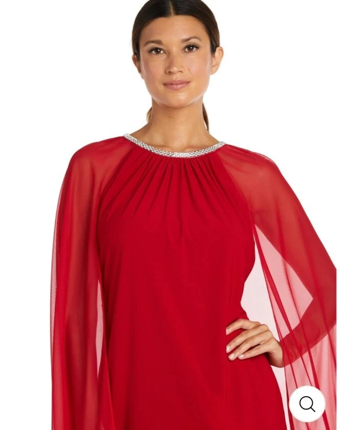 R&M Richards 红色雪纺连衣裙水钻领和透明 Capelet 尺寸 16W — 第 2/4 张图片