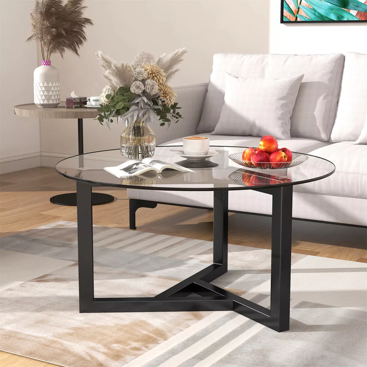 Modern Coffee Table Black Wood Base Round Tempered Glass Top for