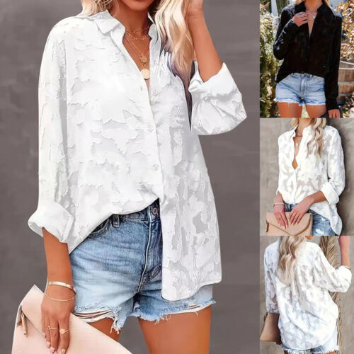 Plus Size Womens Floral Lace T-Shirt Tops Ladies Long Sleeve Button Up Blouse