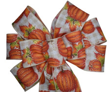 Fall Pumpkin Wired Wreath Bow - Handmade 10" across - Autumn Gingham Tan Orange