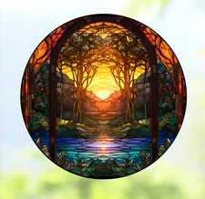 Trees at Sunset Faux Stained-Glass WINDOW CLING Size 8" Repositionable Vinyl