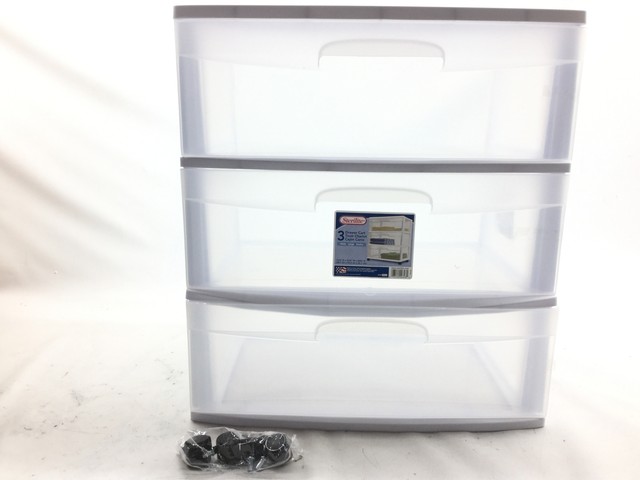 White Frame with Clear Drawers and Black Casters STERILITE 28308002 3 Drawer Cart