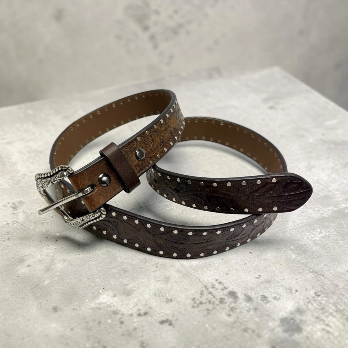 Ariat Western Studded Belt Size 26 XSmall Tan Leather Silver Floral Buckle EUC ARIAT Men main image 4