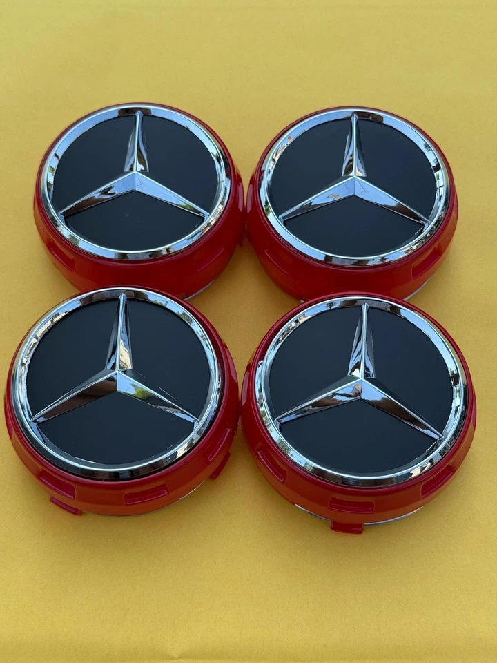 Set of 4 Mercedes Benz Matte Black/Red outlined Center Caps 2.95 Inch/75mm Foto 4 de 4