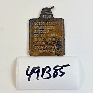 WW1 Italian Army dog ID Tag 1908 Tomassetti Antonio Collepietro (Aquila) 49B85
