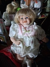 Blonde Straight Hair Blue-Eyed Baby Girl Doll in White Dress w/ Pink Bow Lace