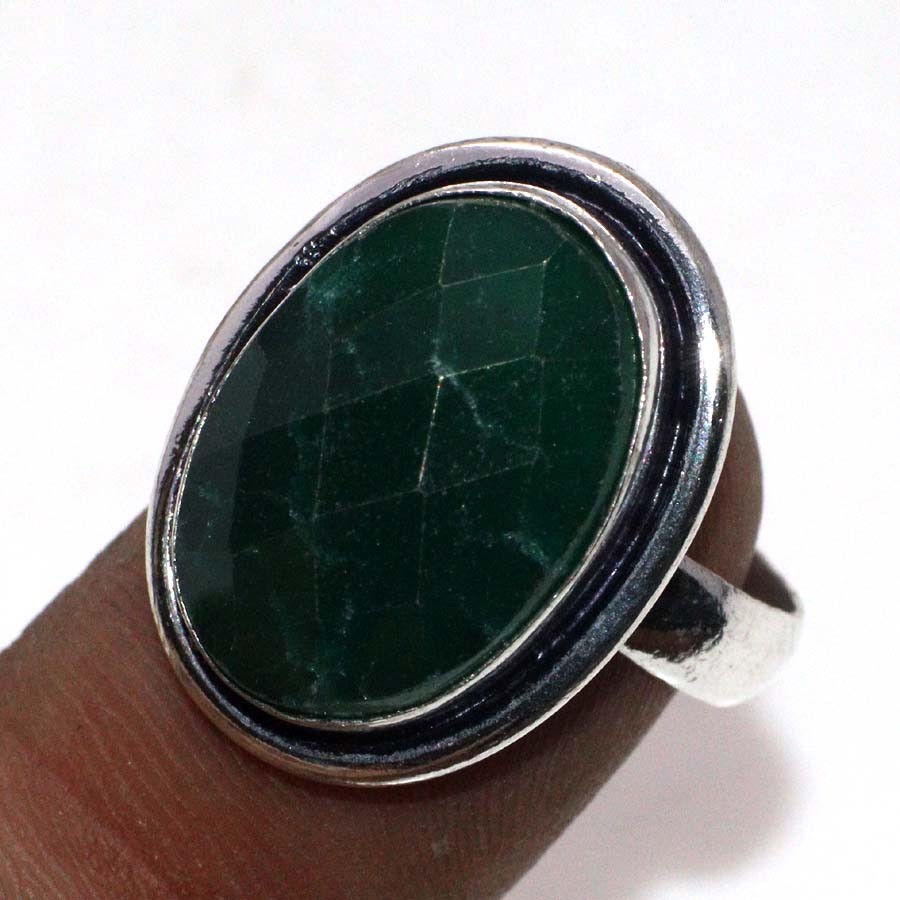 925 Silver Plated Simulated Emerald Ethnic Ring US Size 7 Jewelry