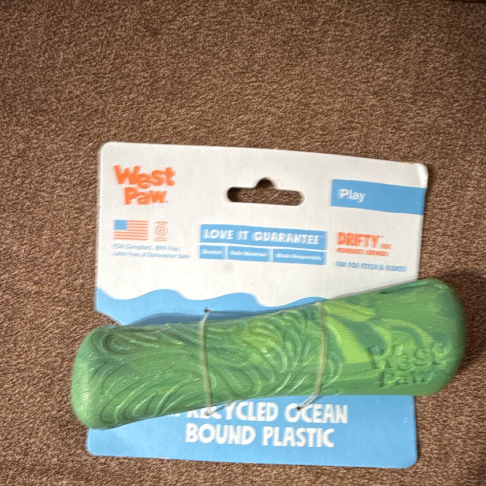 West Paw Drifty Small Bone Dog Toy Green Durable Floating Re