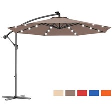 10' Hanging Solar LED Umbrella Patio Sun Shade Offset Market W/Base Tan
