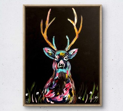 WS original night buck deer hand painted 14X11 canvas modern expressionist art
