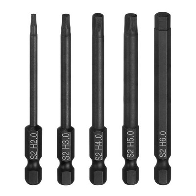 5pcs Flat Hex Screwdriver Bit H2-H6 Magnetic Tip 1/4'' Shank 3'' Long Black