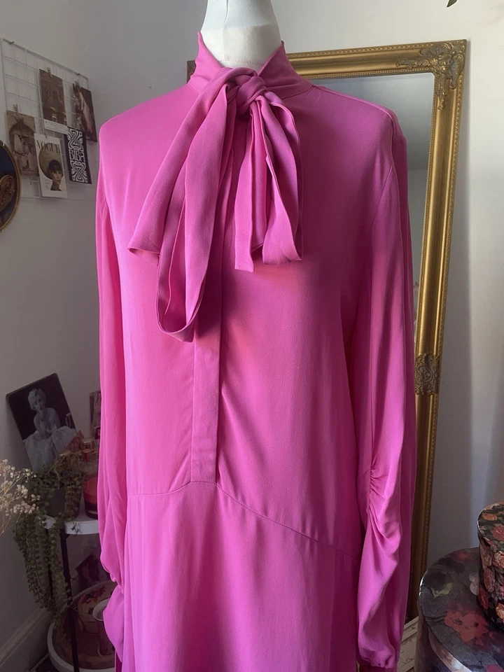 MALENE BIRGER PINK PUSSY BOW MIDI DRESS SIZE M - Image 3 of 4