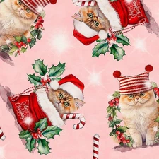 CHRISTMAS KITTENS CATS SANTA HATS ON PINK BY TIMELESS TREASURES FABRIC 1/2 YD