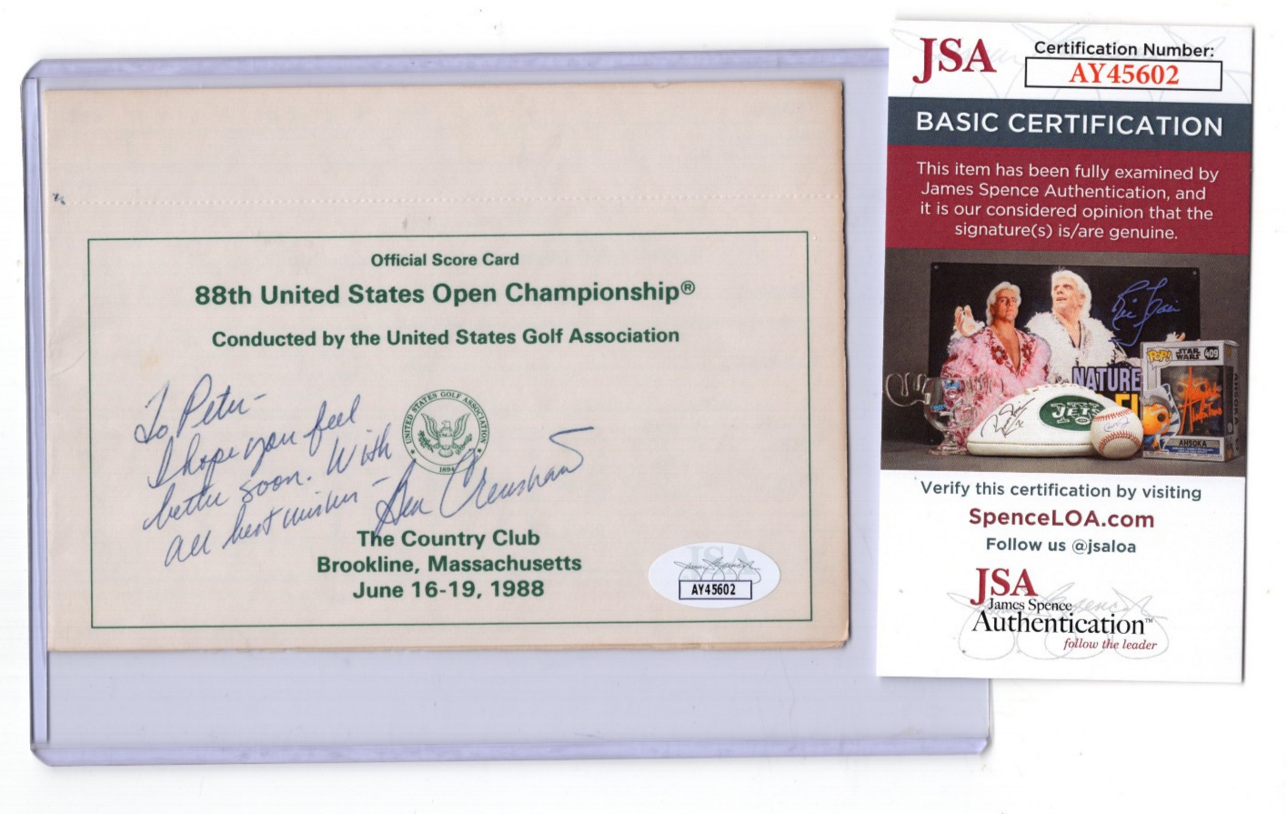 Ben Crenshaw Autographed Signed HOF "To Peter" 88th Ann. US Open Champ. Score Card JSA COA 