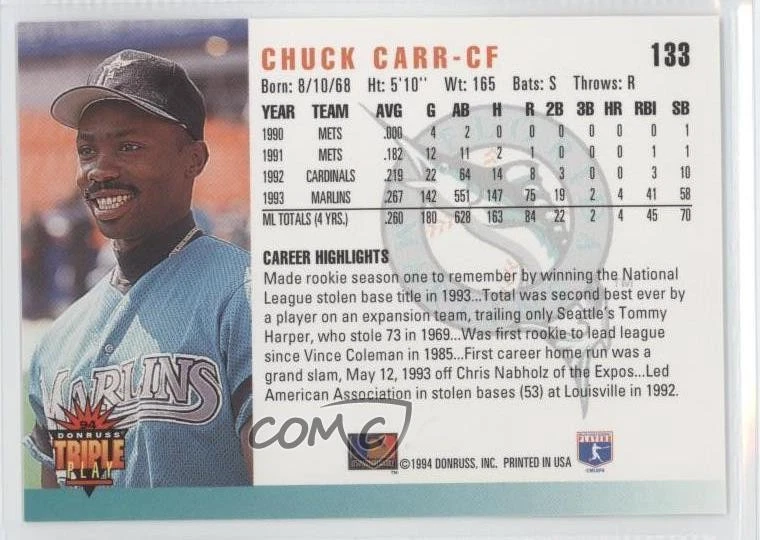 1994 Donruss Triple Play Chuck Carr #133 - Image 2 of 2