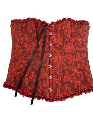 Women s  Red Satin Black Lace Boned Corset Bustier L