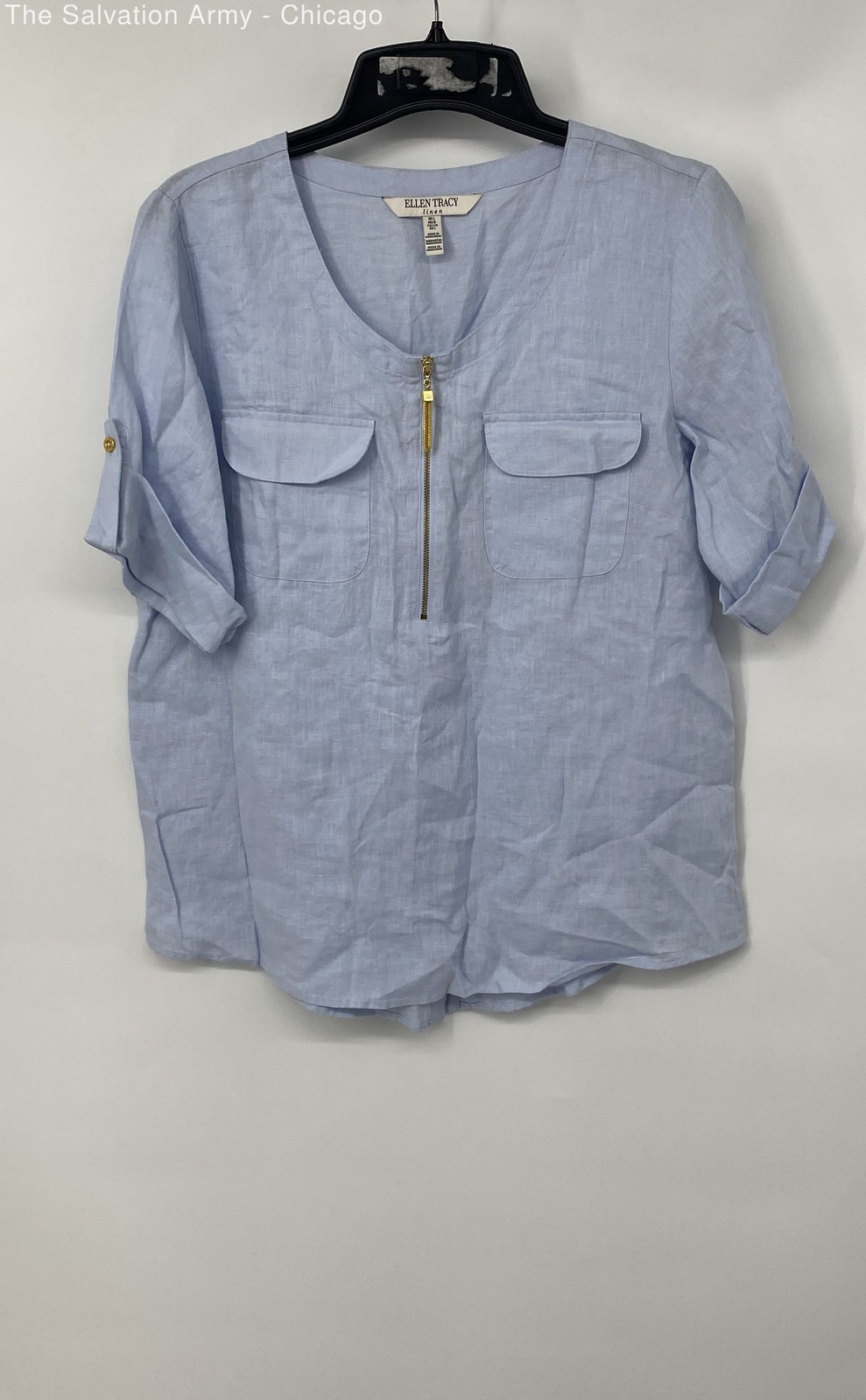Ellen Tracy Womens Blue Linen 1/4 Zip Short Sleeve Blouse Top Size Large