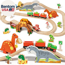 Wooden Train Set, Dinosaur Wooden Train Track Set, Wood Toy Train Set for Toddle