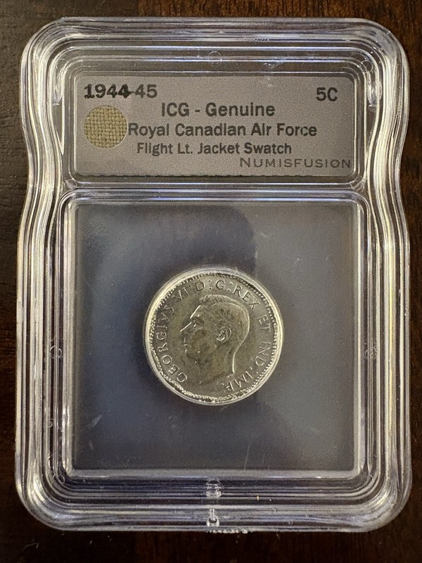 1944-45 Canada 5C Victory Nickel RCAF Flight Lt Jacket Swatch ICG Numisfusion