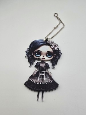 Acrylic 2D Ornament Goth Gothic Girl 3  Blue Eyes Black Dress 3'' Beaded Chain