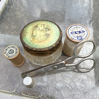 Clark's Vintage Sewing Kit Thread Spools, Scissors, Thimble, Glass Box