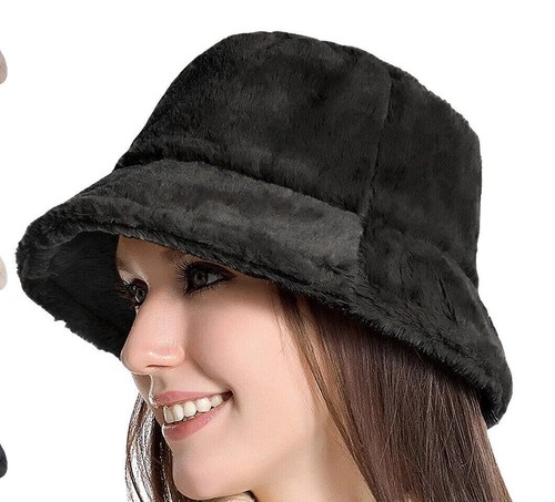 Soft Women Plush Cute Winter Bucket Hat Wide Brim Fluffy Fisherman Faux Fur Cap - Picture 5 of 11