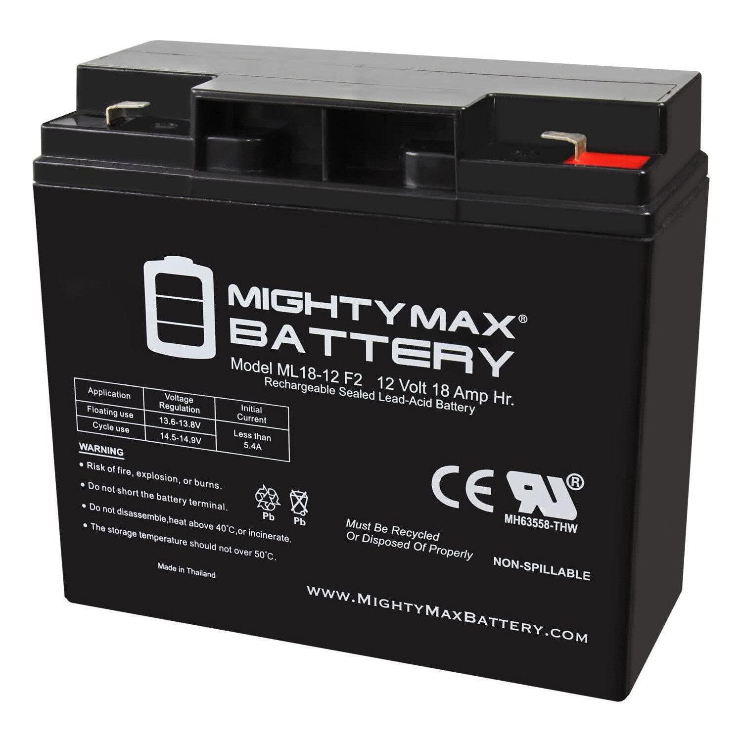 Mighty Max ML18-12F2 - 12 Volt 18 AH, F2 Terminal, Rechargeable SLA AGM Battery