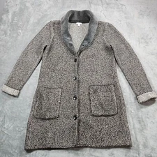 J Jill Cardigan Small Brown Gray Long Line Faux Fur Trim Duster Coatigan Neutral