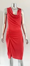 Halston Heritage Red Dress Womens Medium Cowl Neck Ruched Golden Detail read